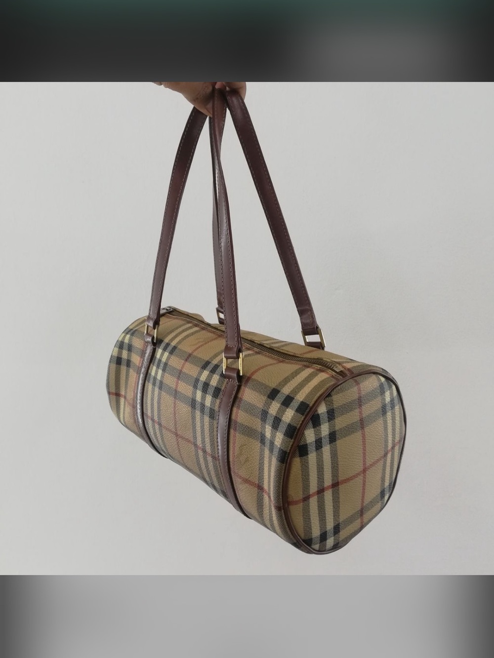 Burberry Tan Check Cylinder Duffel with Brown Leather Straps